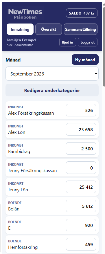 Inmatning i Plånbokens mobilversion